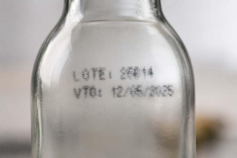 Botella de vidrio con código de lote y fecha de vencimiento borrosos por problemas de adherencia de la tinta.